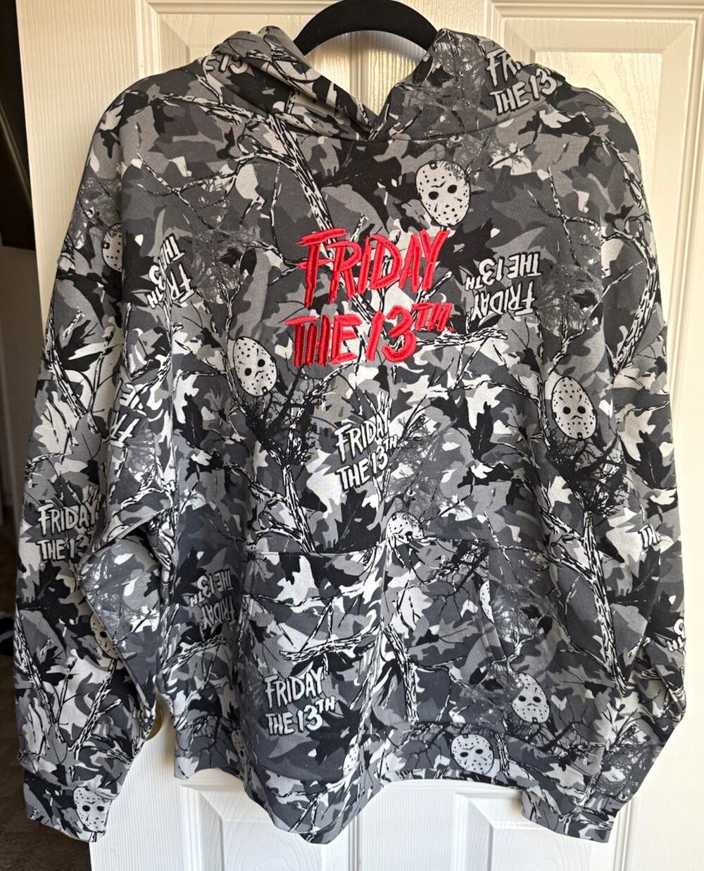 Friday the 13th Men's Gray Camo Fleece Hoodie Jason Embroidered Logo S